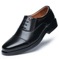 Men's black leather lace-up dress shoes, single shoe front view angled right
