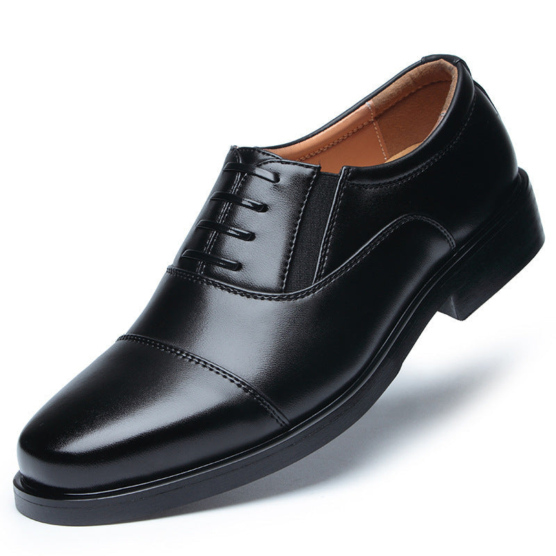 Men's black leather lace-up dress shoes, single shoe front view angled right