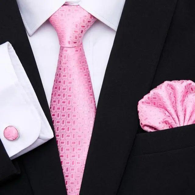 Men's tie and cufflink set with pocket square, pink patterned silk necktie