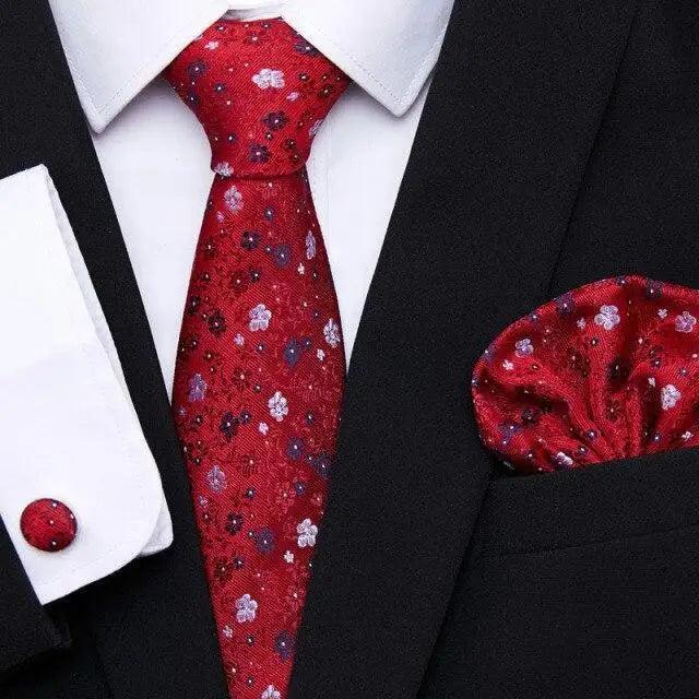 Men's tie and cufflink set with pocket square, red floral patterned silk necktie