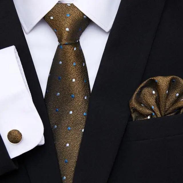 Men's tie and cufflink set with pocket square, gold dotted silk necktie