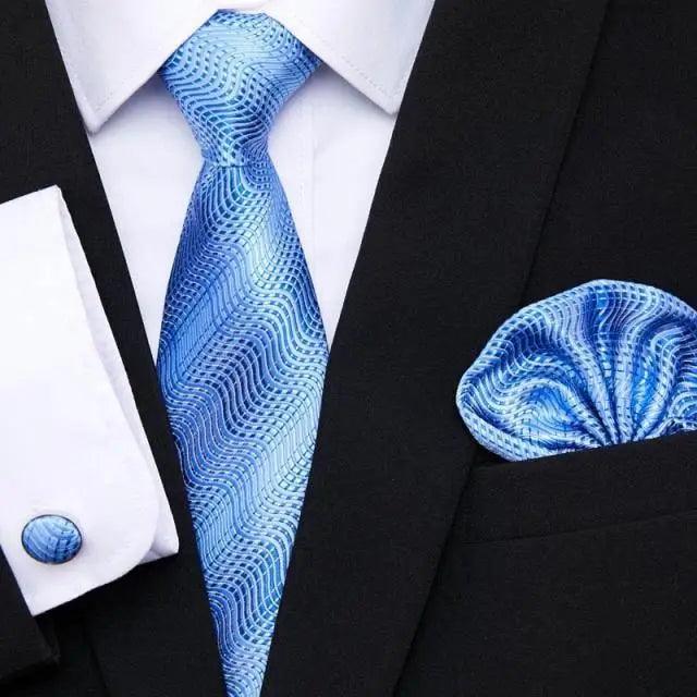 Men's tie and cufflink set with pocket square, blue wave patterned silk necktie