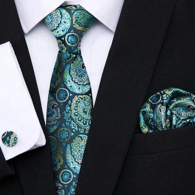 Men's tie and cufflink set with pocket square, teal paisley silk necktie