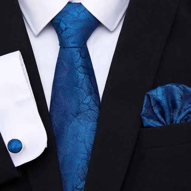 Men's tie and cufflink set with pocket square, blue textured silk necktie