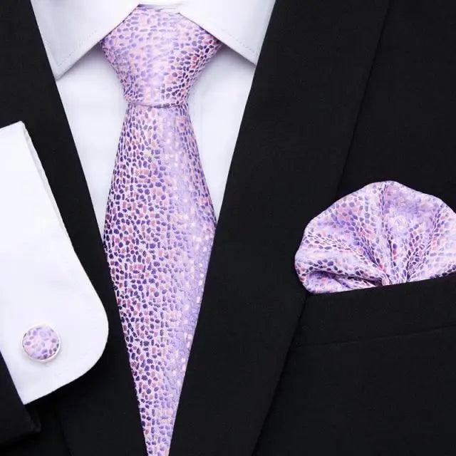 Men's tie and cufflink set with pocket square, lavender speckled silk necktie