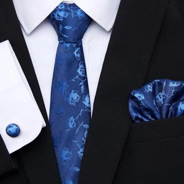 Men's tie and cufflink set with pocket square, dark blue floral patterned silk necktie