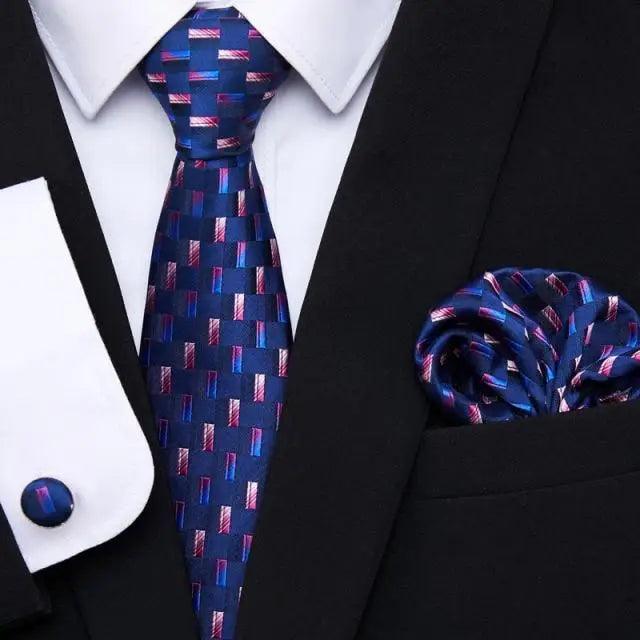 Men's tie and cufflink set with pocket square, navy red grid silk necktie