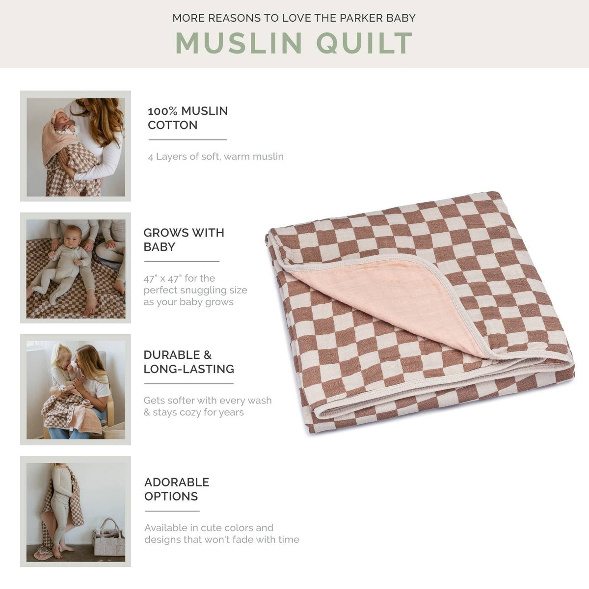 Checker-pattern quilt in rosewood tones with light pink backing panel