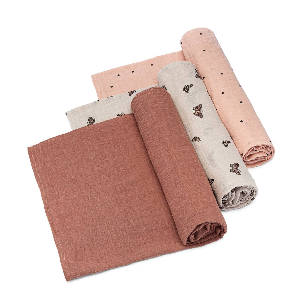 Butterfly swaddle set of three muslin blankets in dusty rose and butterfly print
