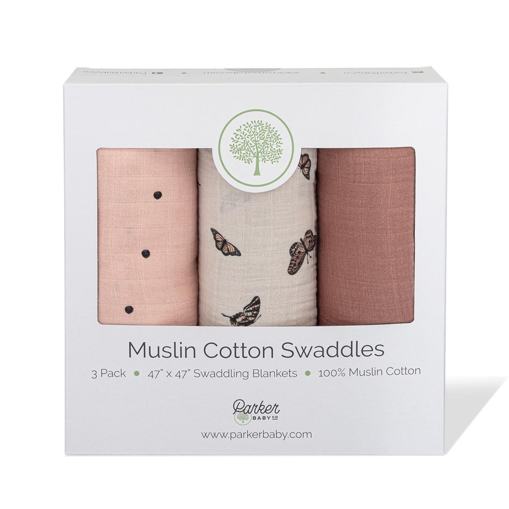 Muslin cotton swaddle set box with butterfly, peach dot, and dusty rose designs