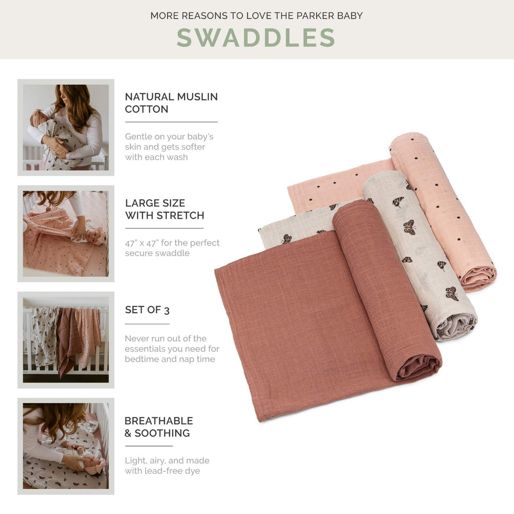 Swaddle set showing three folded muslin blankets: dusty rose, dark, and brown checks