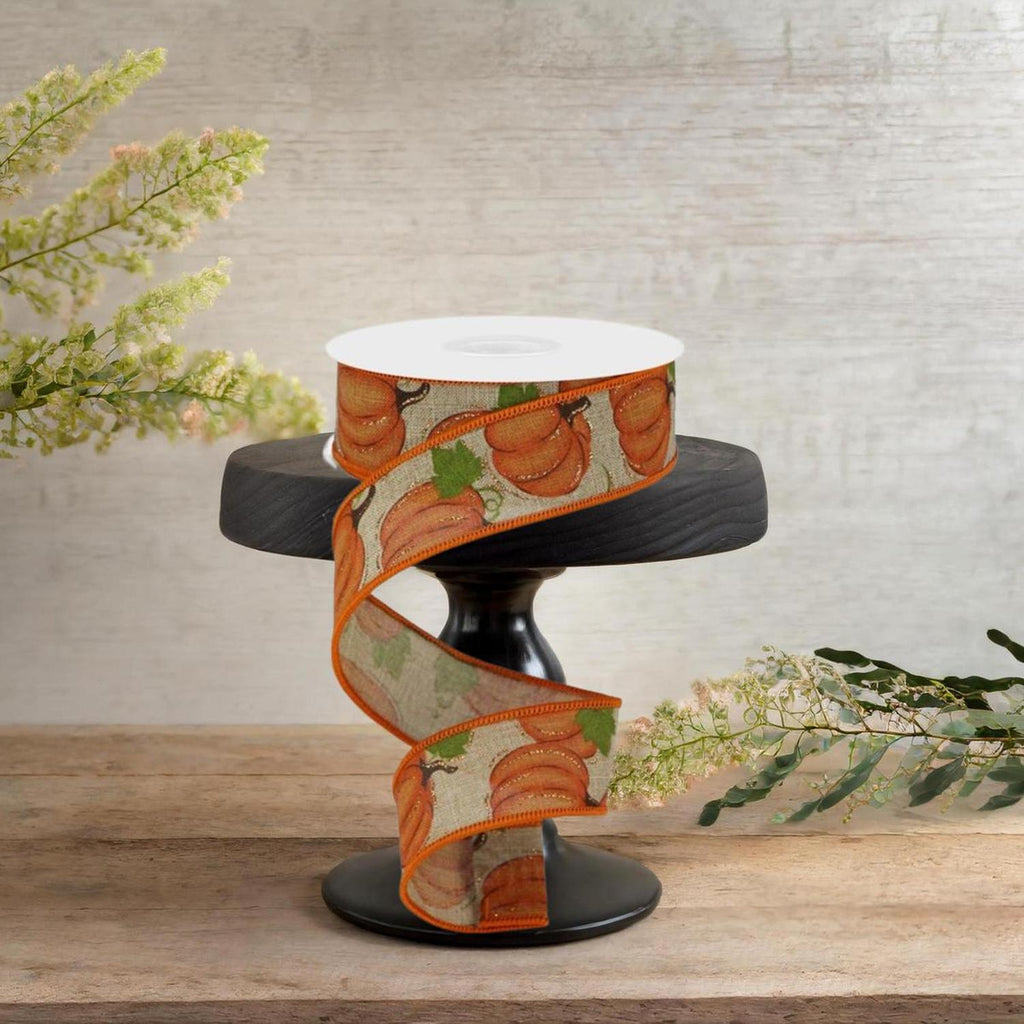 Pumpkin patch ribbon, 1.5 in wide, orange pumpkin pattern on light beige ribbon