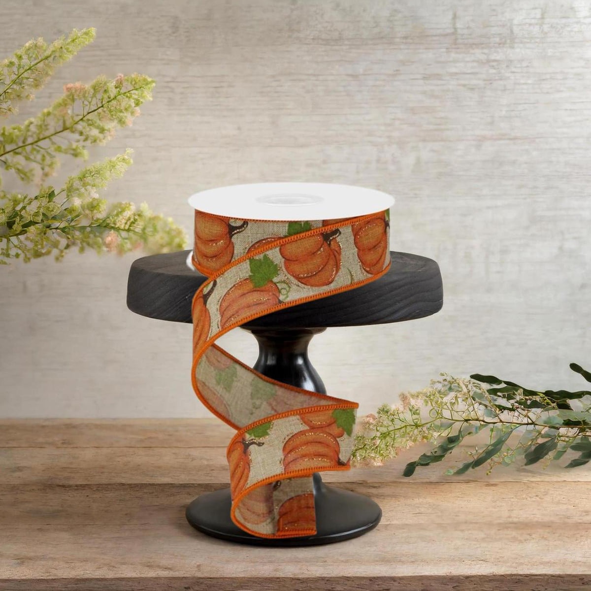 Pumpkin patch ribbon, 1.5 in wide, orange pumpkin pattern on light beige ribbon