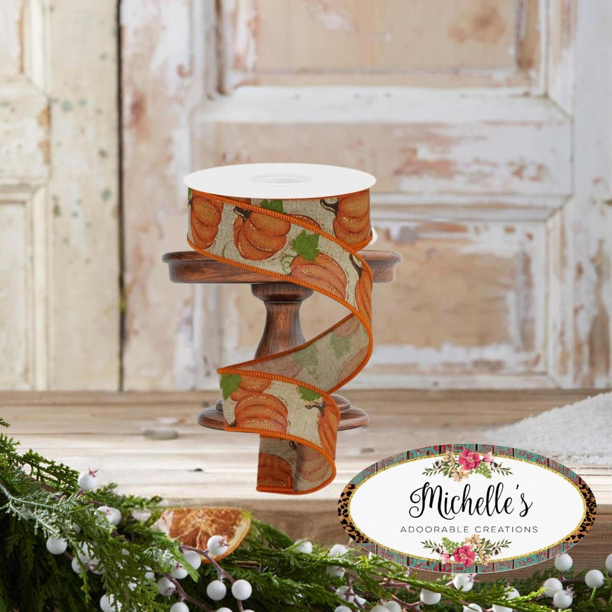 1.5 in pumpkin patch ribbon spool with orange pumpkins and green leaves on light beige