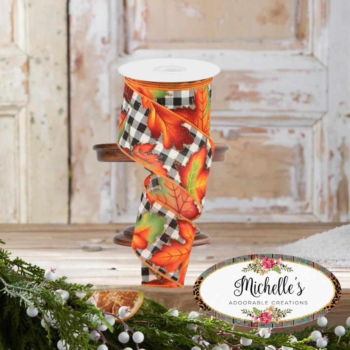 Autumn leaves check ribbon roll with plaid orange-leaf design