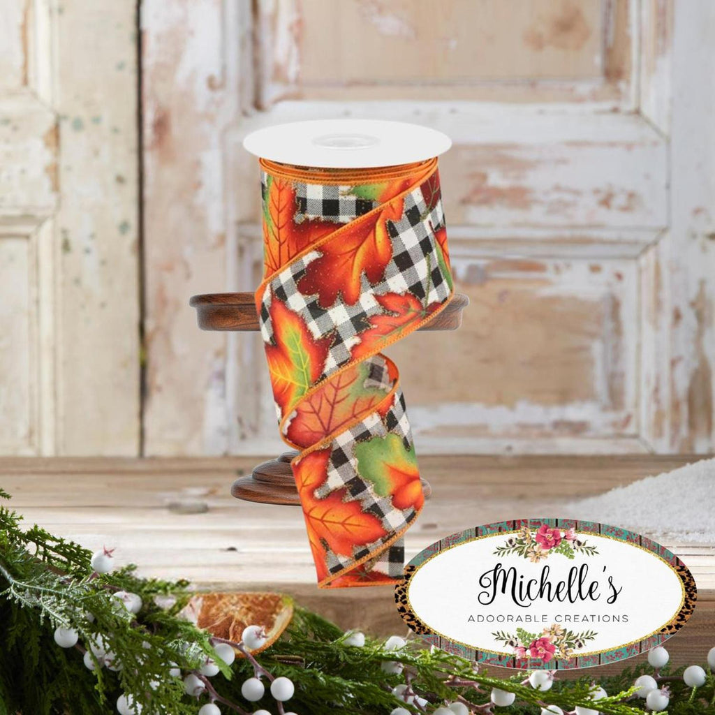 Autumn leaves check ribbon roll, orange leaf and plaid ribbon looped