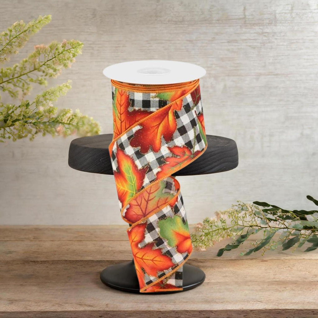 Autumn leaves check ribbon on roll, orange plaid with green leaf panels