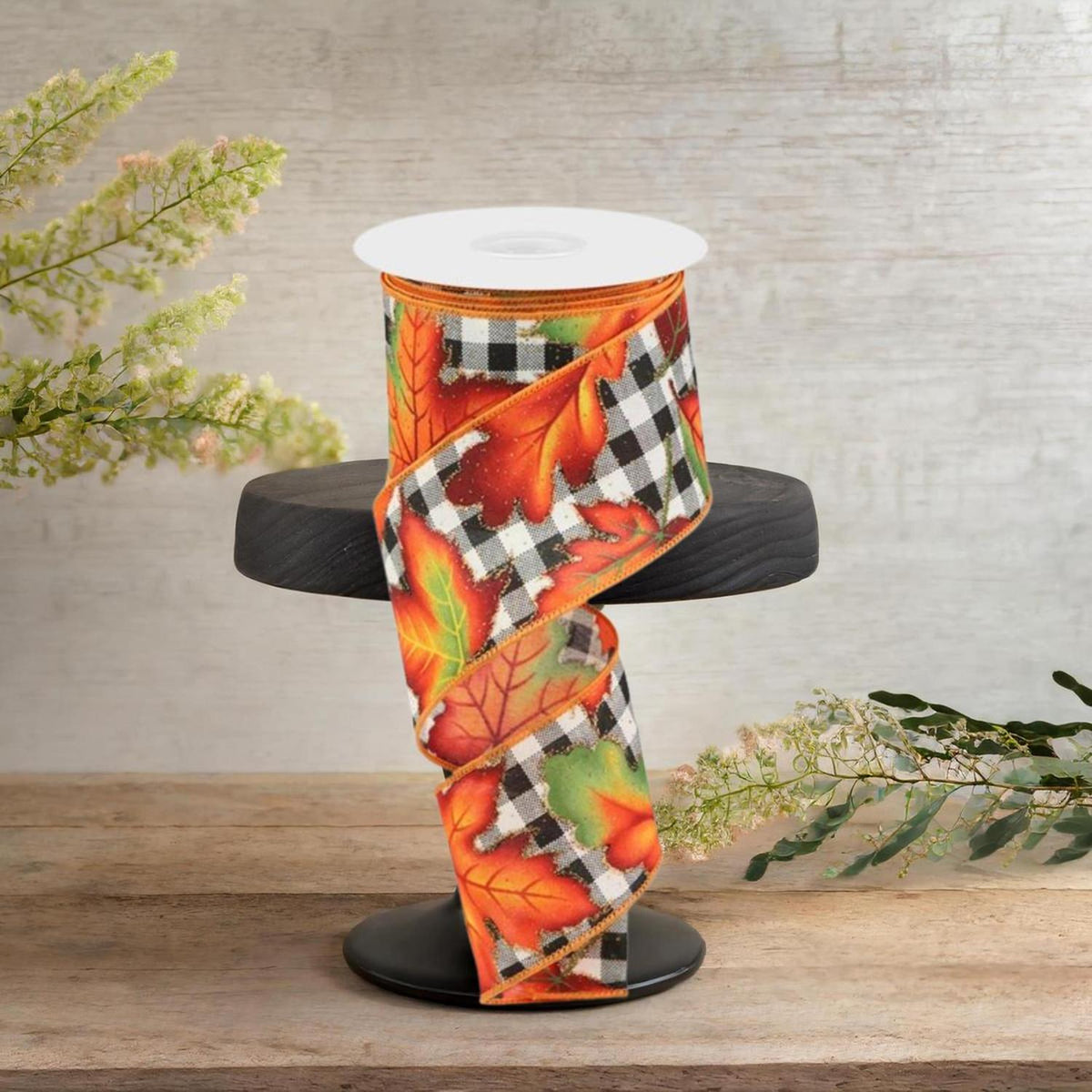 Autumn leaves check ribbon on roll, orange plaid with green leaf panels
