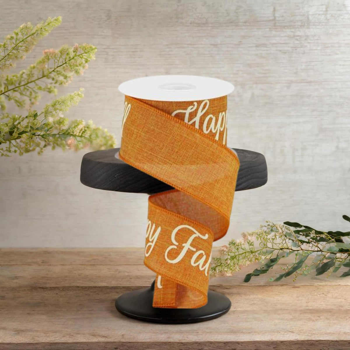 Orange fall ribbon spool with white script lettering, 2.5-inch width