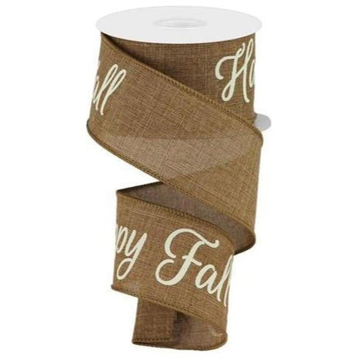 Tan burlap ribbon spool, 2.5-inch wide with “Happy Fall Y’all” script