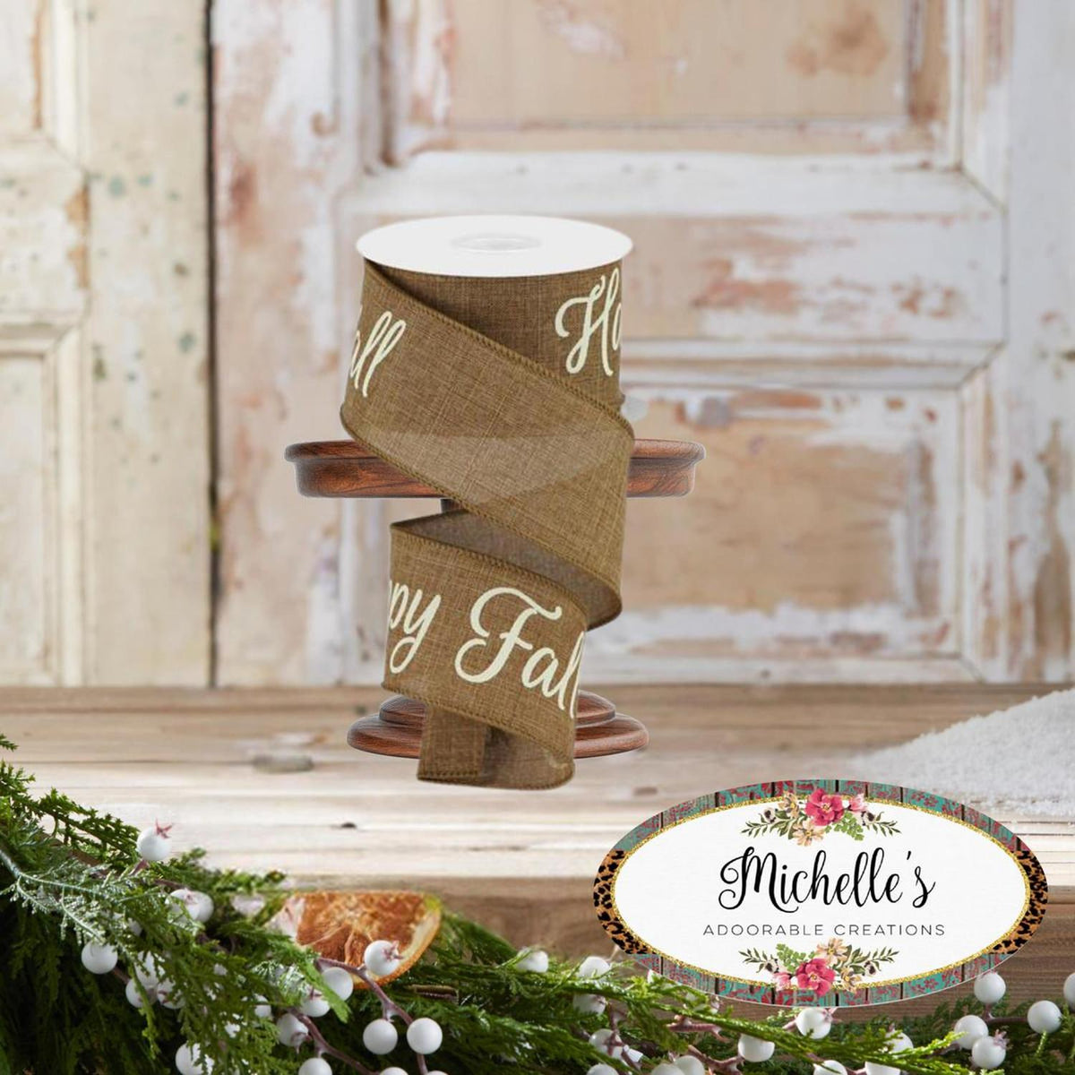 Tan burlap ribbon roll with “Happy Fall Y’all” on a 2.5-inch band