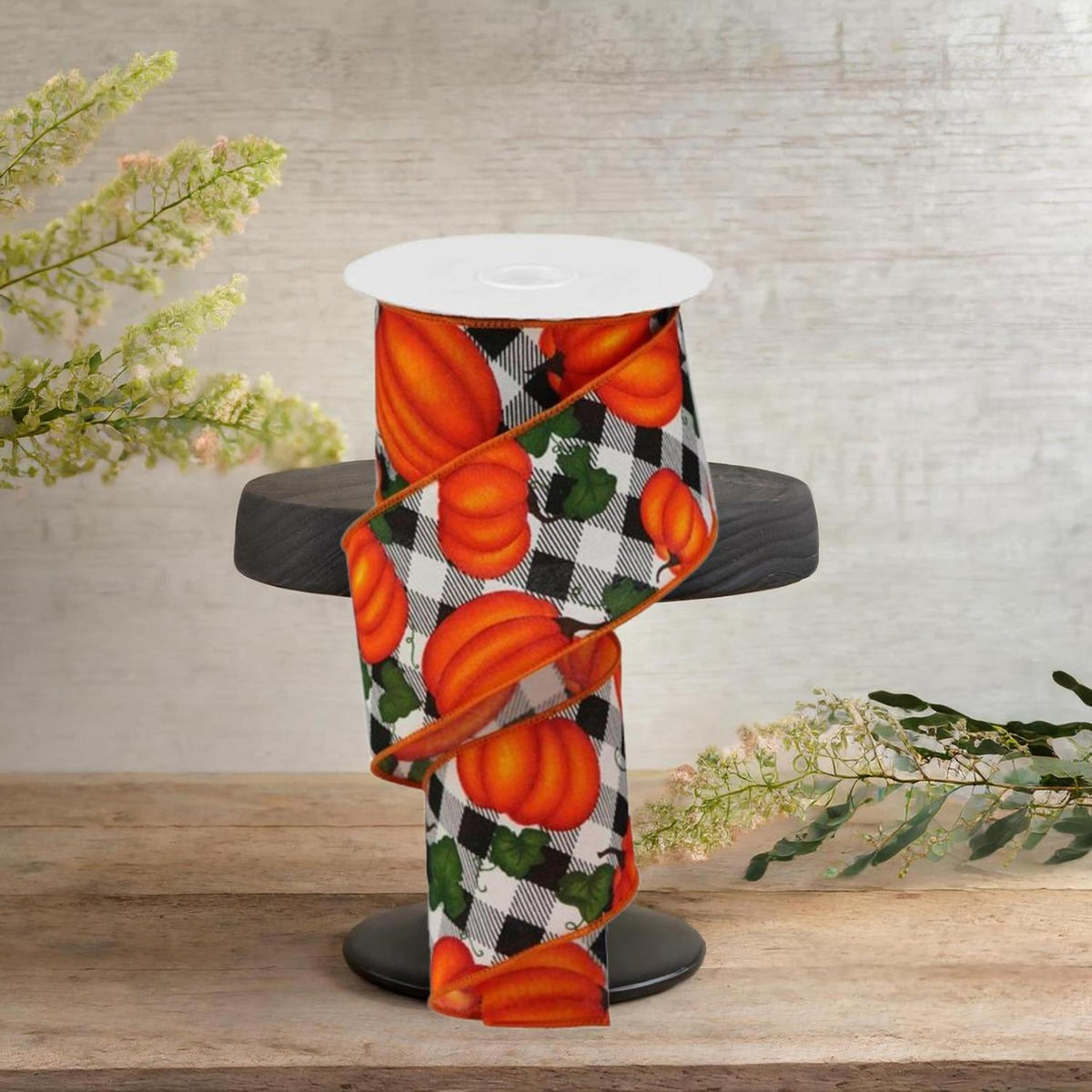 2.5-inch pumpkin leaf check ribbon; cream base with orange pumpkins and green leaves