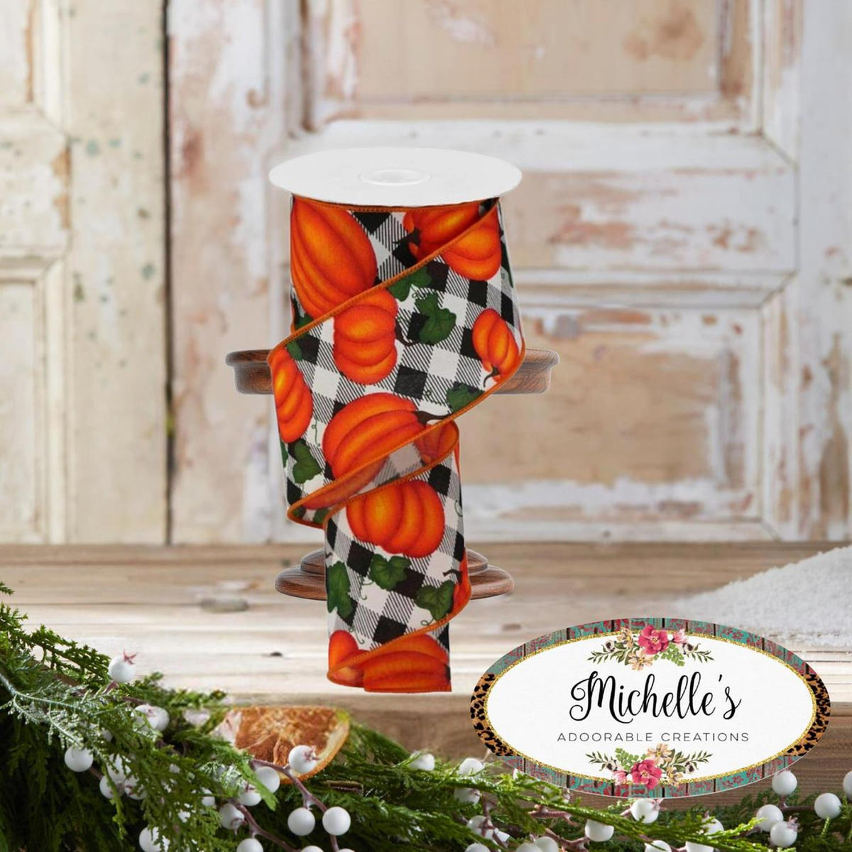 2.5-inch pumpkin leaf ribbon on spool; black-and-white check with orange pumpkin print