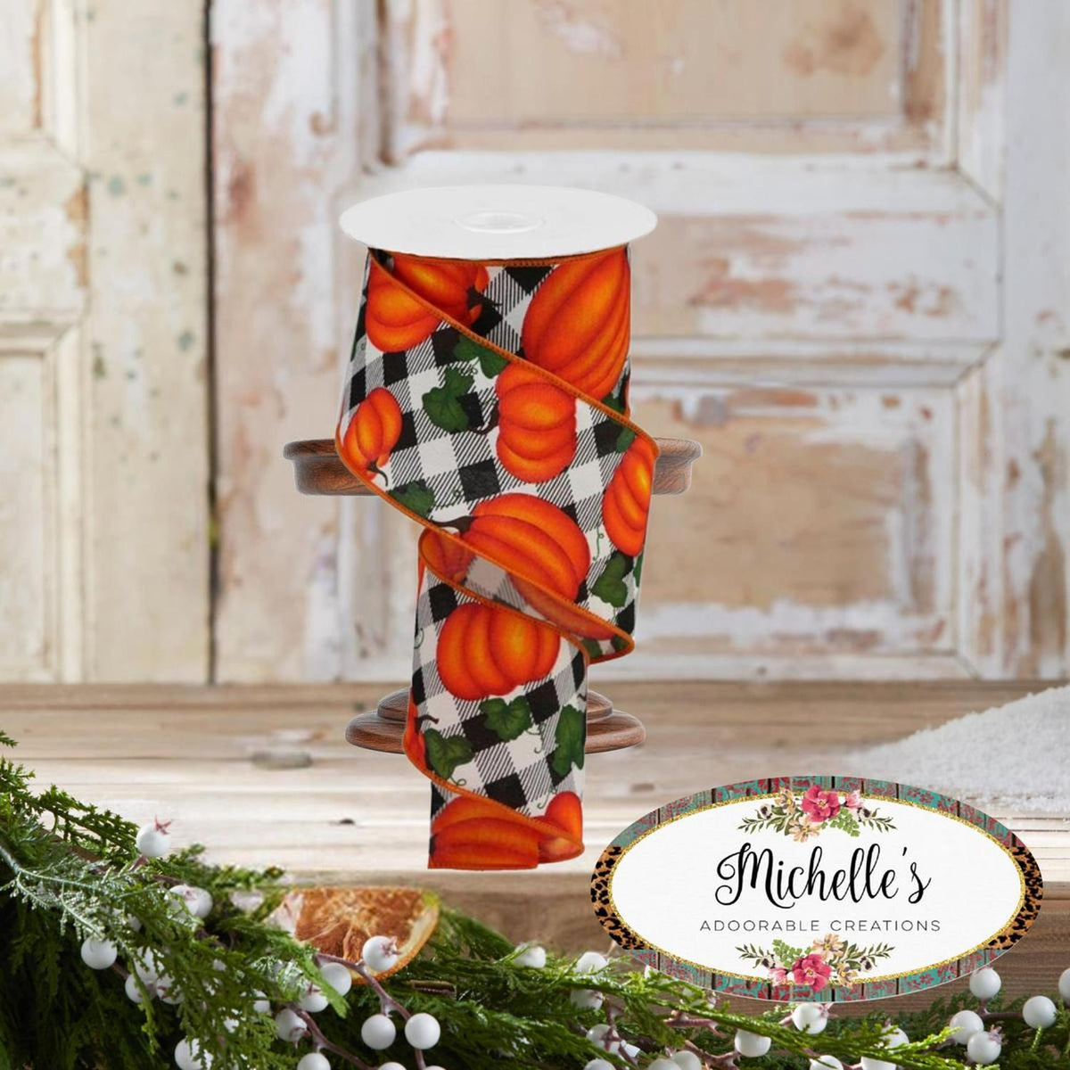 2.5-inch pumpkin leaf check ribbon on spool; orange pumpkins on cream buffalo plaid