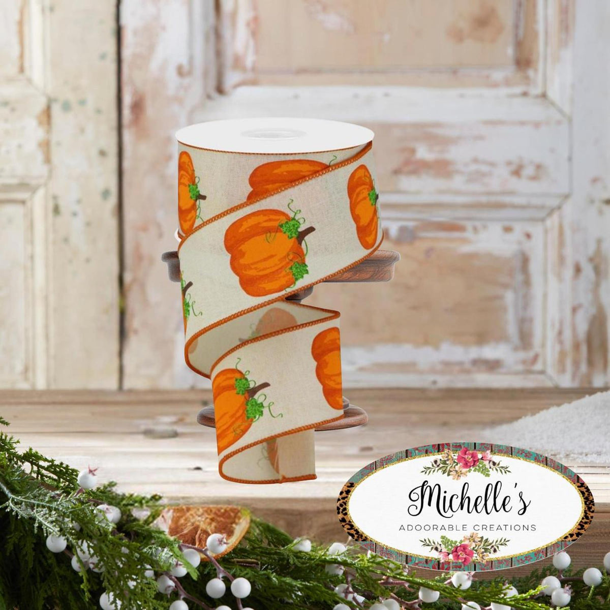 Cream ribbon spool with orange pumpkins and green vines, wired decorative edge