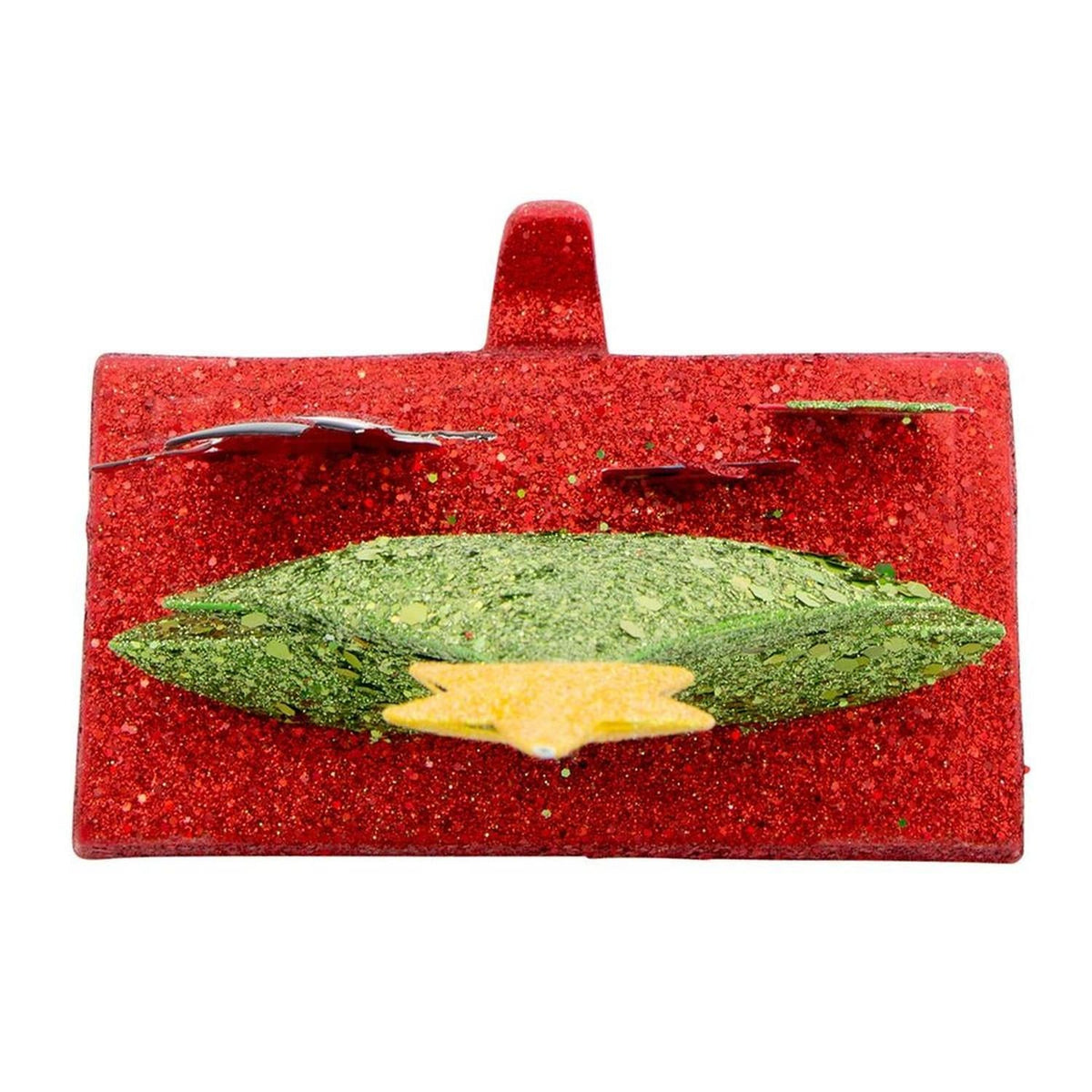 Red glitter stocking hanger base with green tree top and gold hanging star