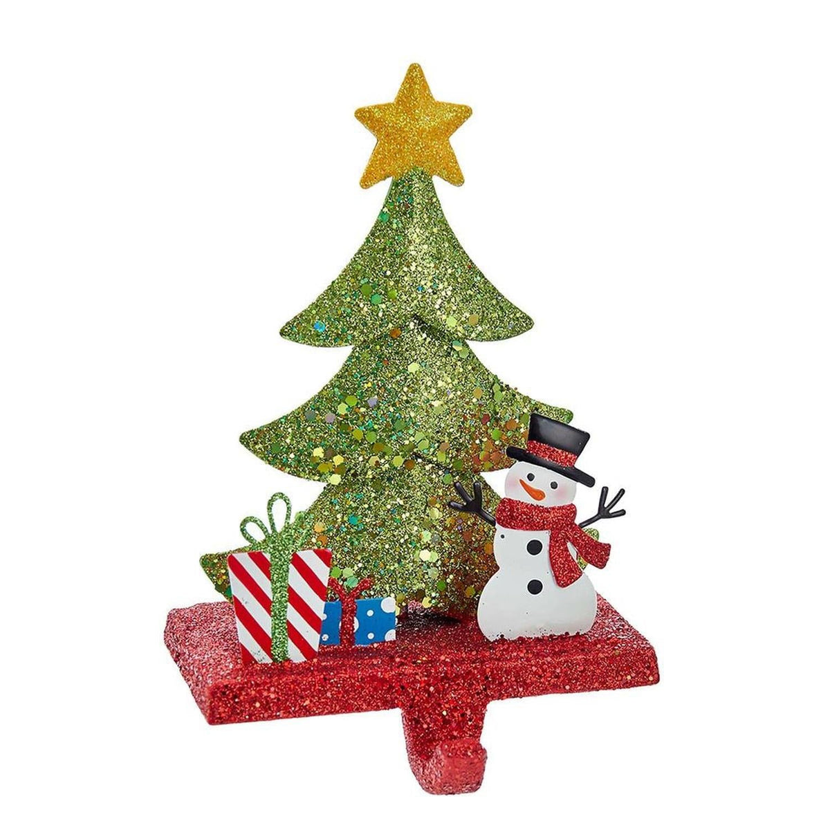 Glitter Christmas tree stocking hanger with gold star, snowman, and gift blocks on red base