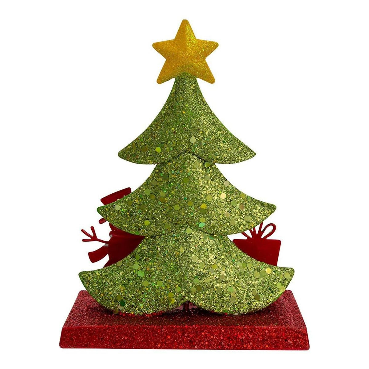 Glitter Christmas tree stocking hanger with gold star, red antler details, on red base