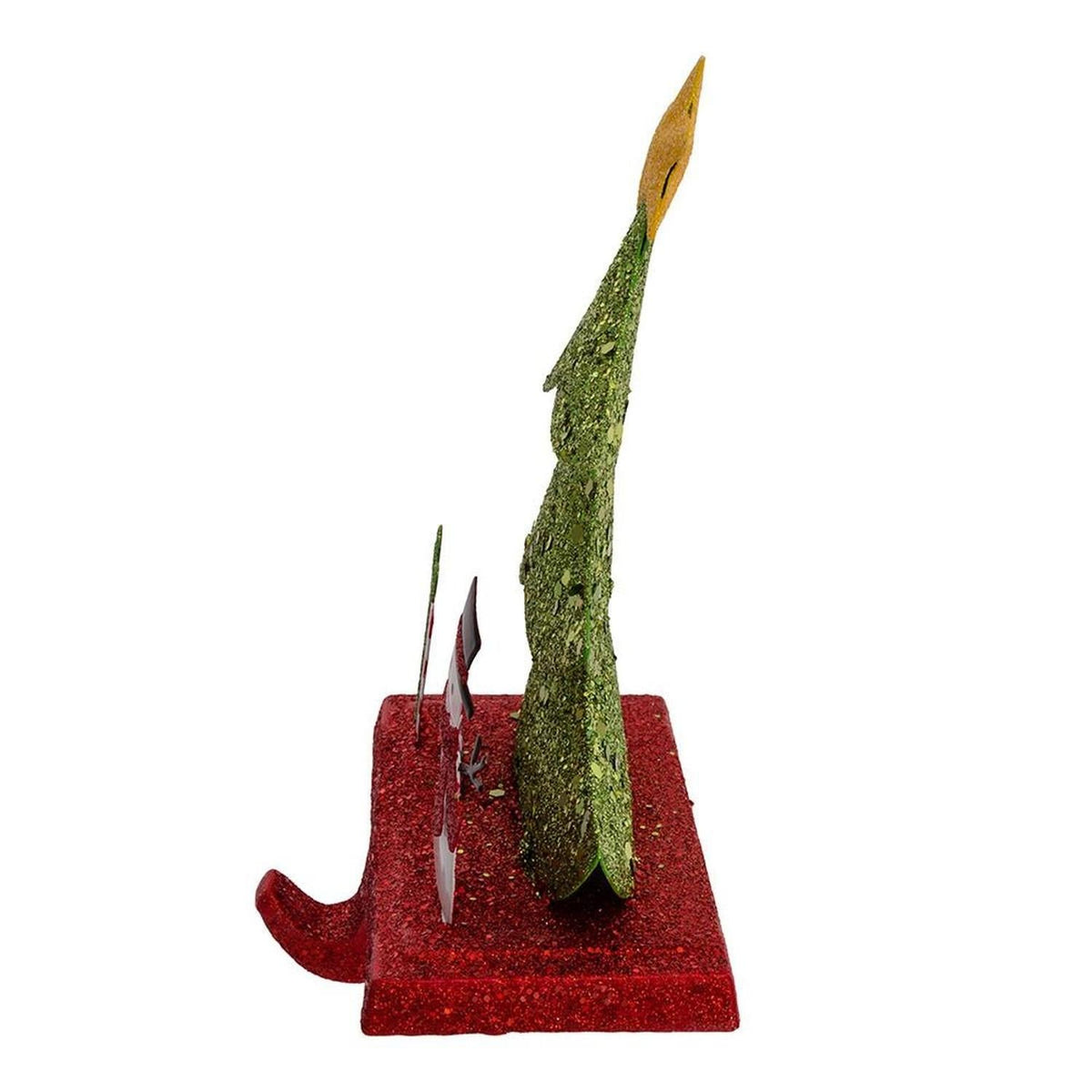 Glitter Christmas tree stocking hanger from side showing tall tree and red base