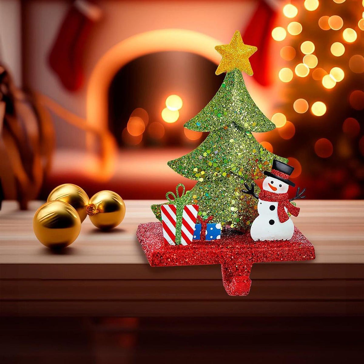 Glitter Christmas tree stocking hanger with gold star, snowman, and red gift accents