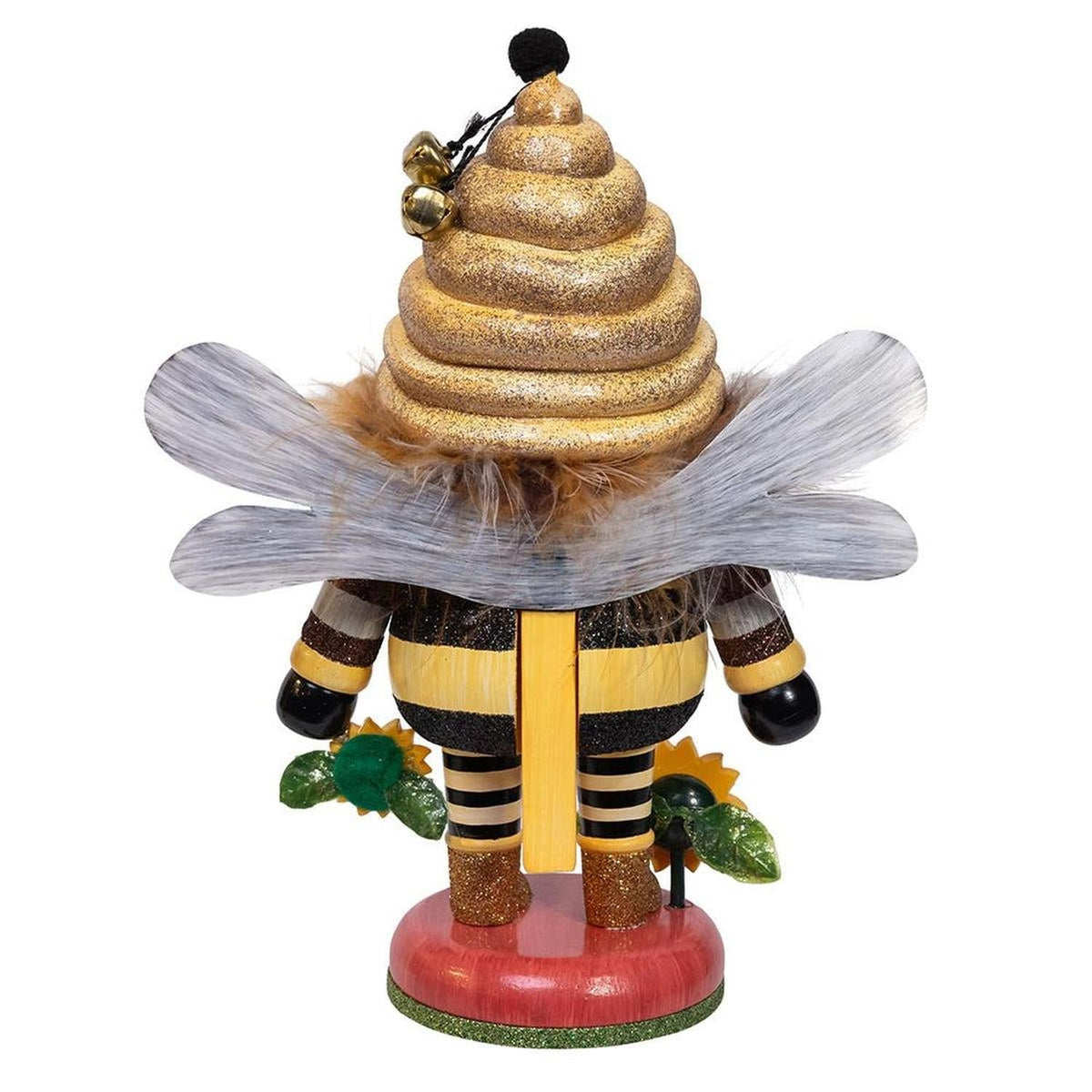 10-inch Hollywood nutcracker front view with gold hat, feather wings, and striped boots.