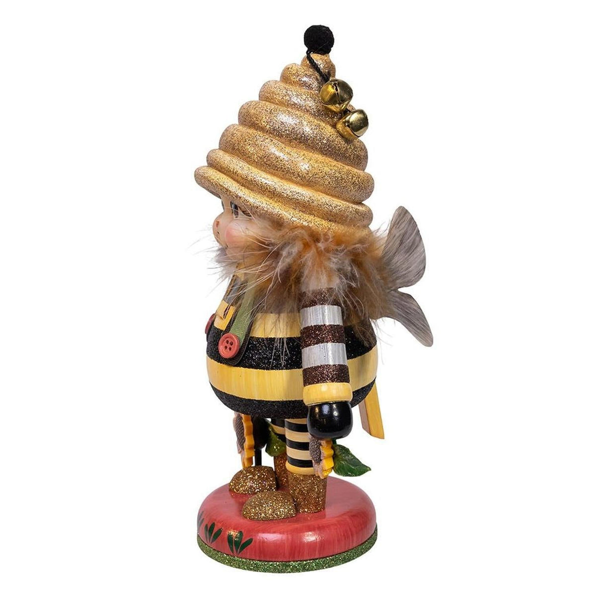 10-inch Hollywood nutcracker side view with glitter beard, striped suit, and red base.