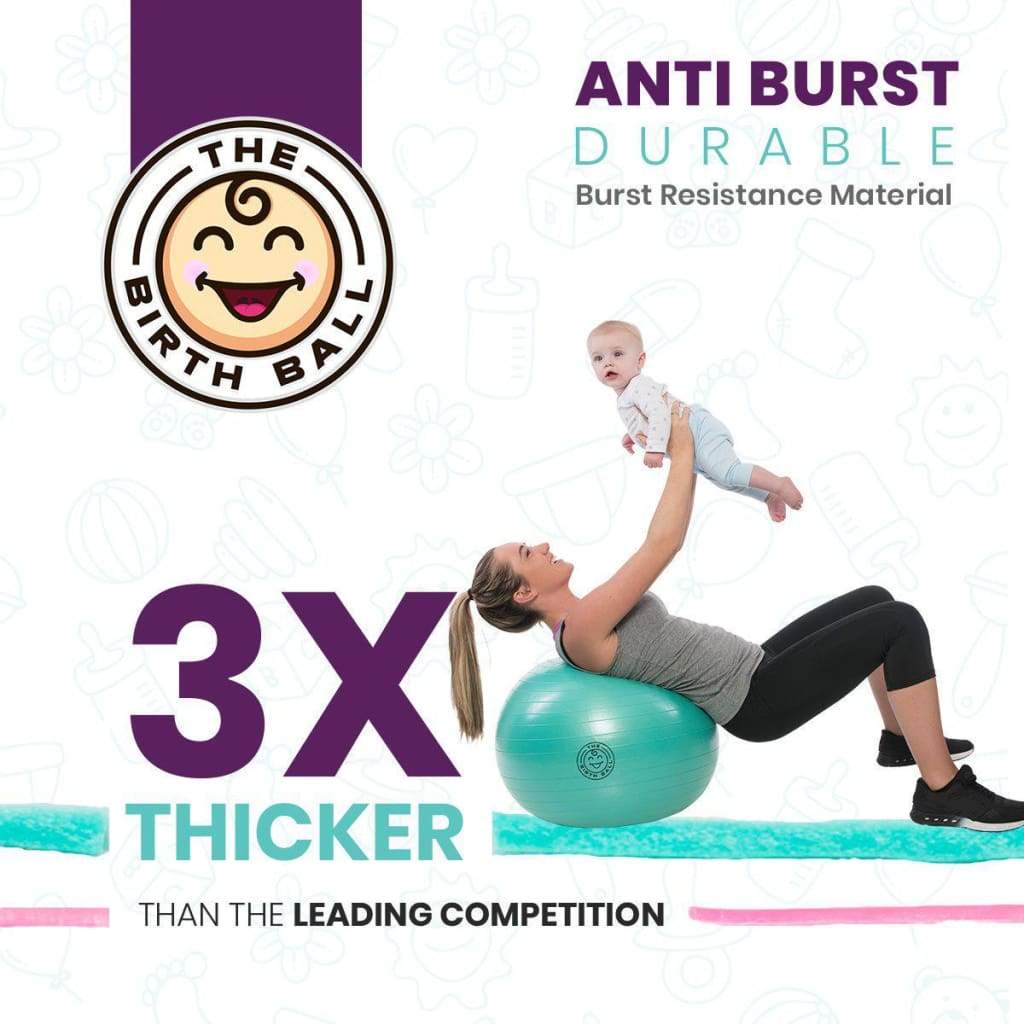 Thicker anti-burst teal birth ball with parent and baby demonstration