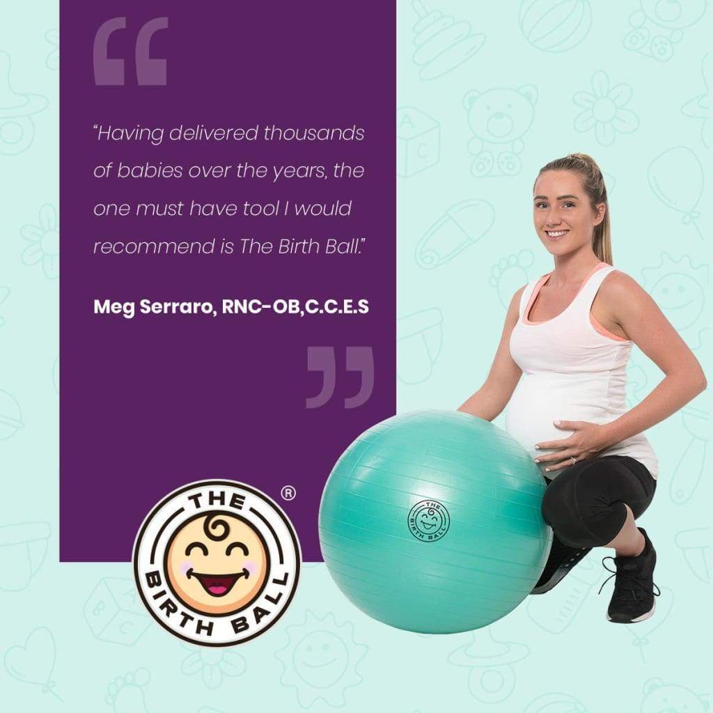 Teal birth ball shown with testimonial card and The Birth Ball emblem