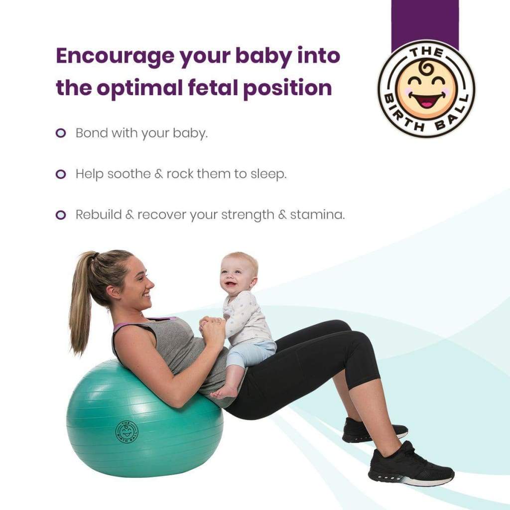 Teal birth ball demonstration with parent and baby in a supported position