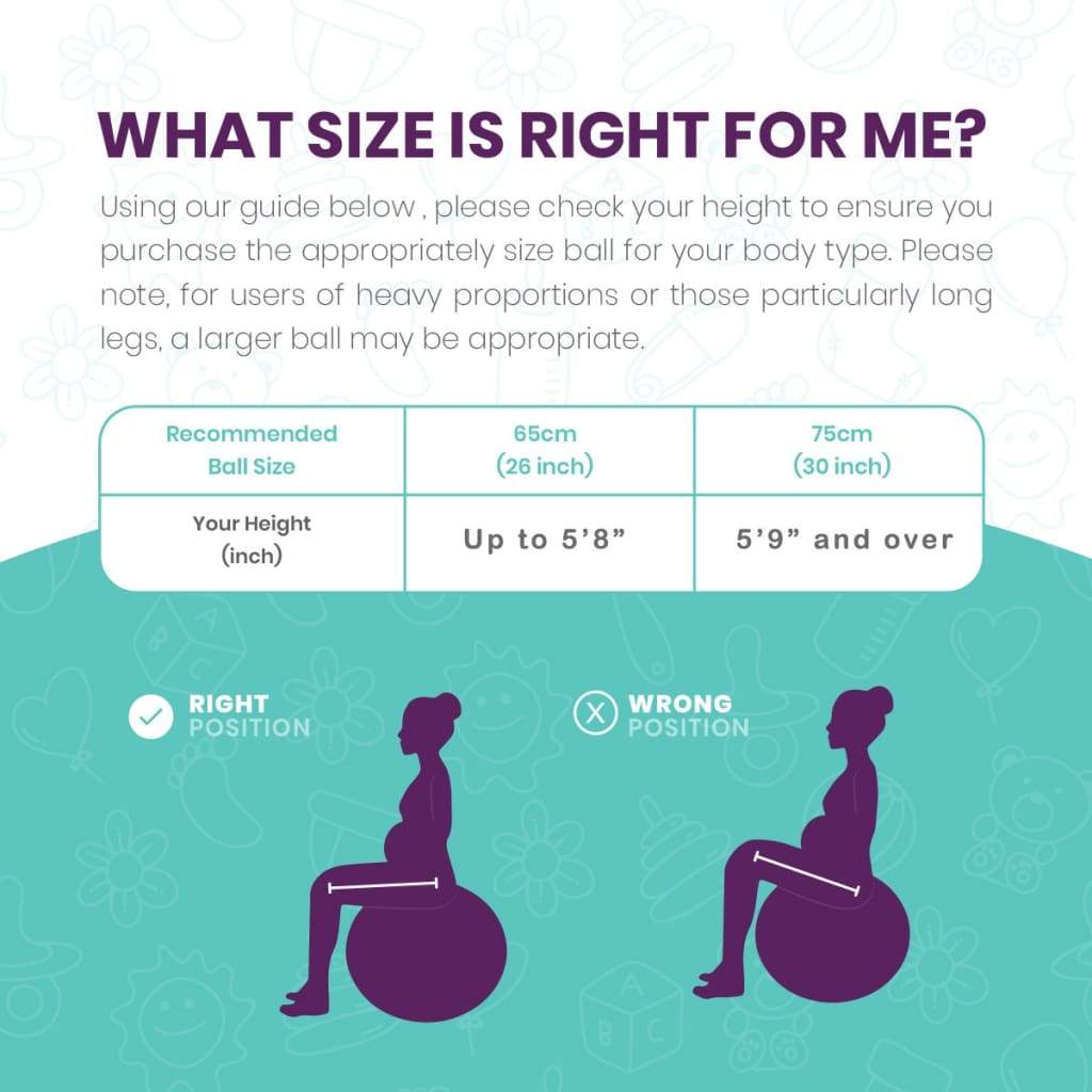 Pregnancy birth ball size guide chart with right and wrong seating silhouettes