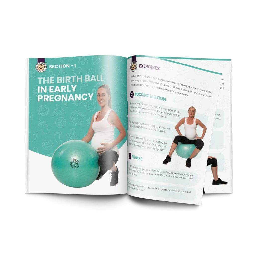 Open pregnancy exercise manual featuring The Birth Ball and workout photos