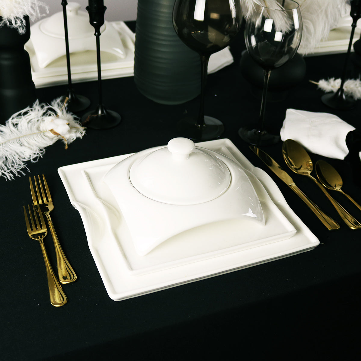 White square porcelain dinnerware set with covered serving bowl and square tray plate