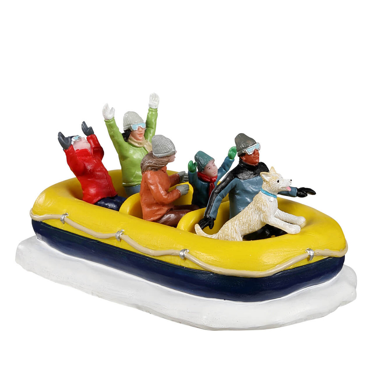 Inflatable snow raft with yellow top and blue sides, white base, assorted winter toy figures