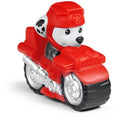 Red Marshall bath water squirter toy on motorcycle with gray wheels