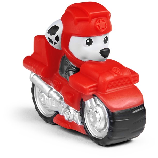 Red Marshall bath water squirter toy on motorcycle with gray wheels