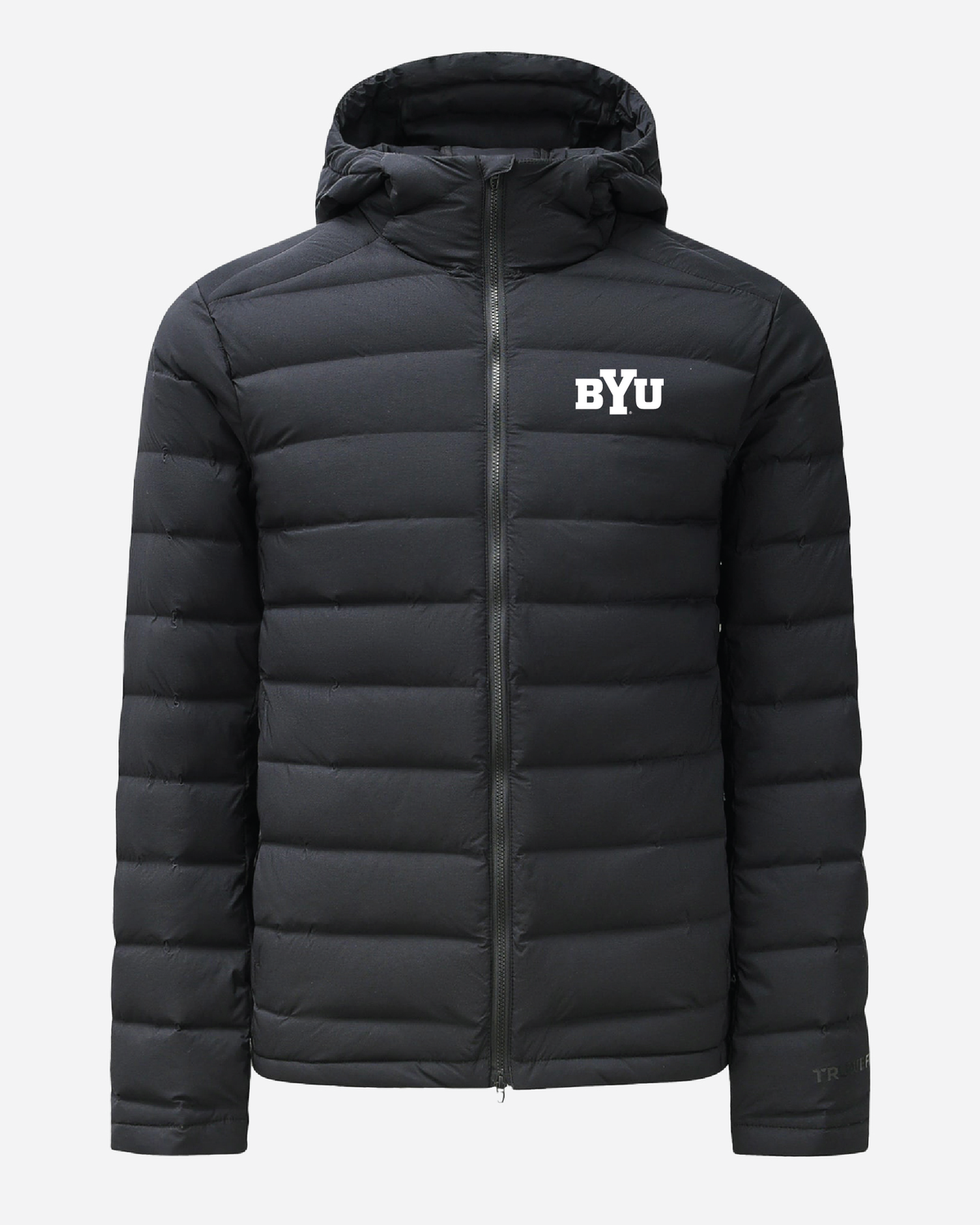Black down jacket front with BYU chest logo