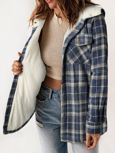 Blue plaid snap-front hooded jacket with plush sherpa lining and chest pockets