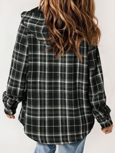 Plaid hooded plush snap jacket back view in dark gray with long sleeves