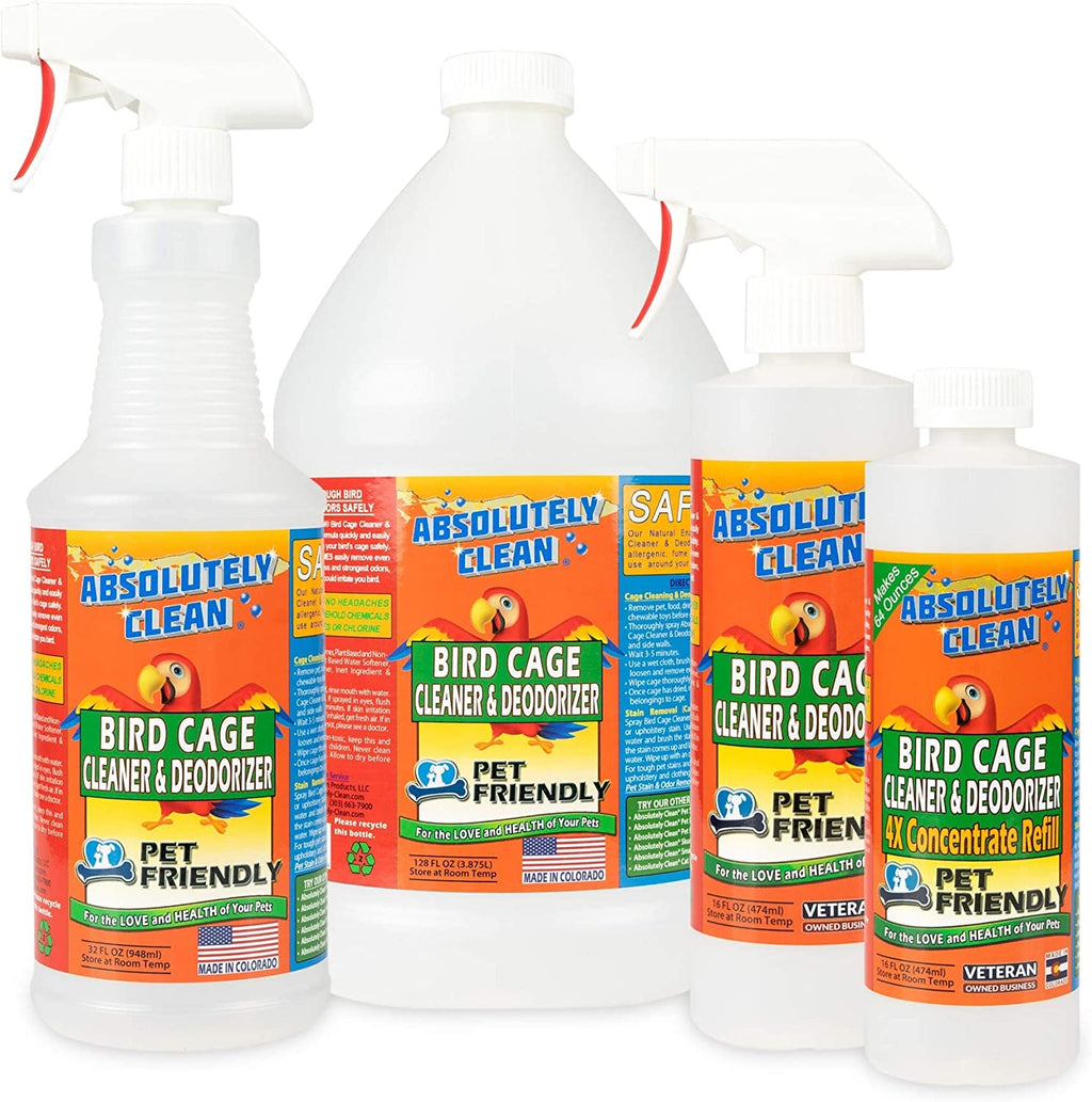 Bird cage cleaner and deodorizer in spray, ready-to-use, and concentrate bottles
