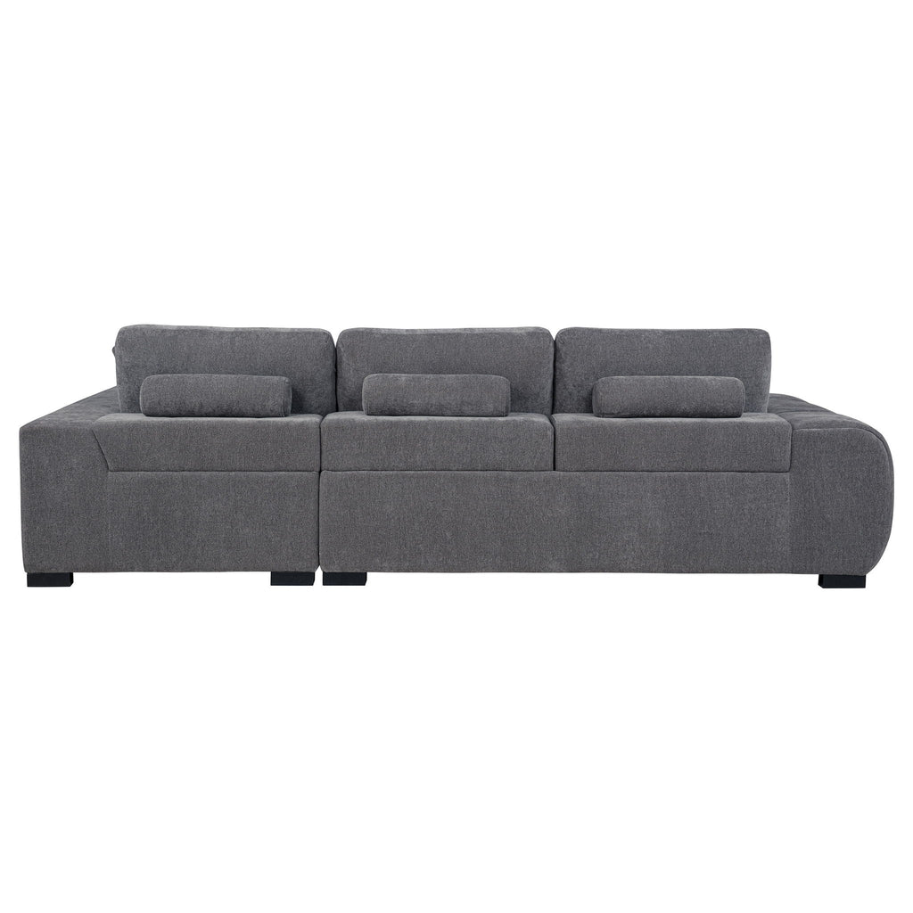 Charcoal gray sectional sofa with three front seat sections and rectangular back cushions